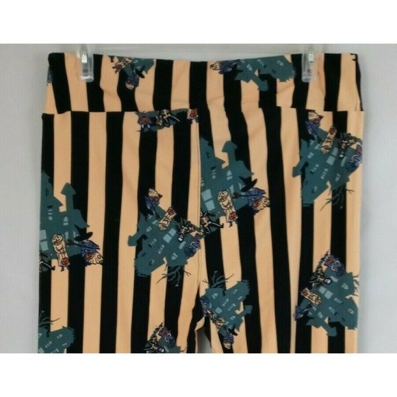 New LuLaRoe TC2 Halloween Leggings Orange & Black Striped W/ Haunted Houses - Picture 4 of 6